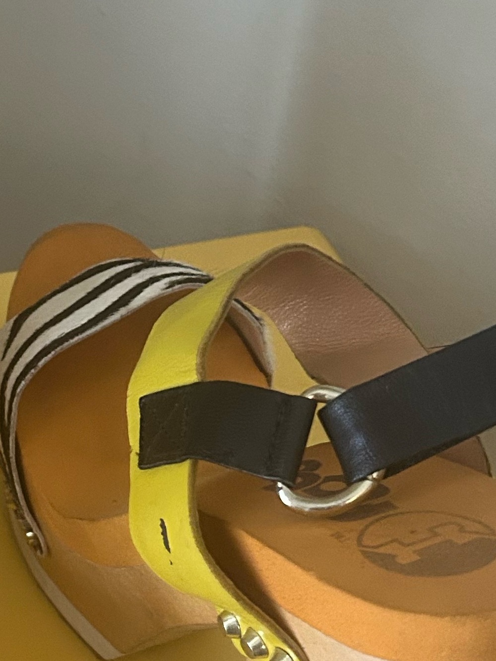 Yellow and Black Women's Leather Slide Sandals